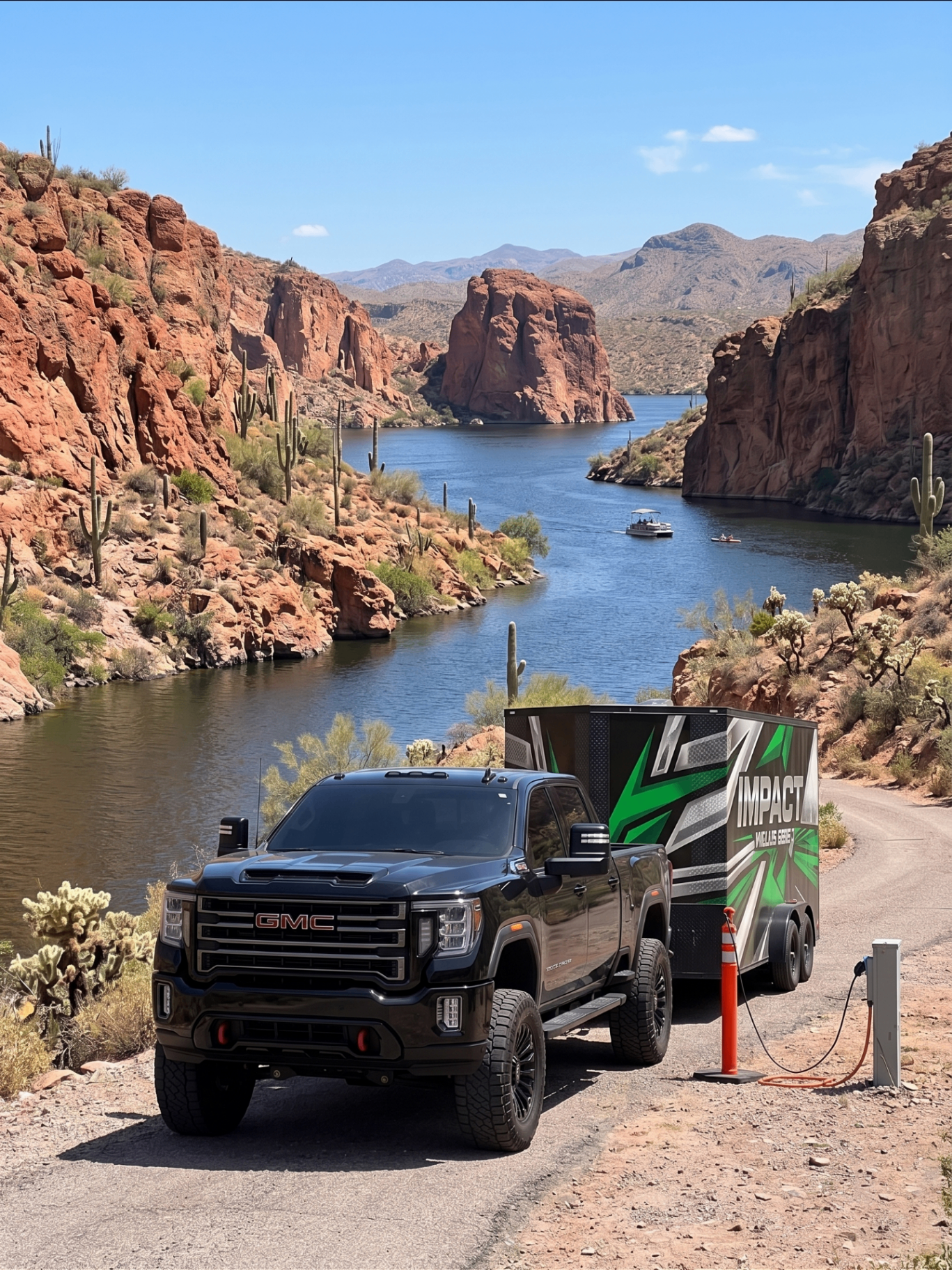 Impact Trailer Service truck towing a trailer at Canyon Lake, Arizona